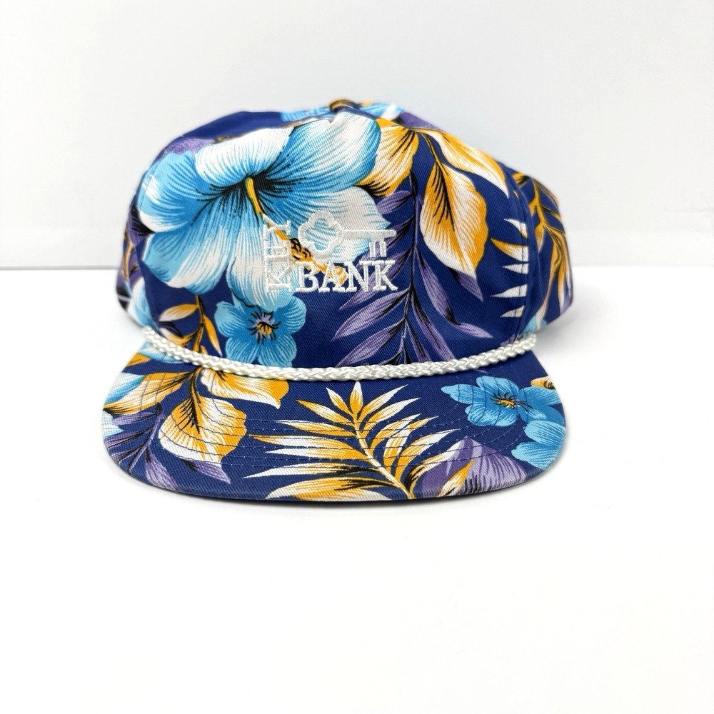 Vintage Key Bank Hat Cap Adjustable SnapBack Trucker Rope Keybank Floral Flower